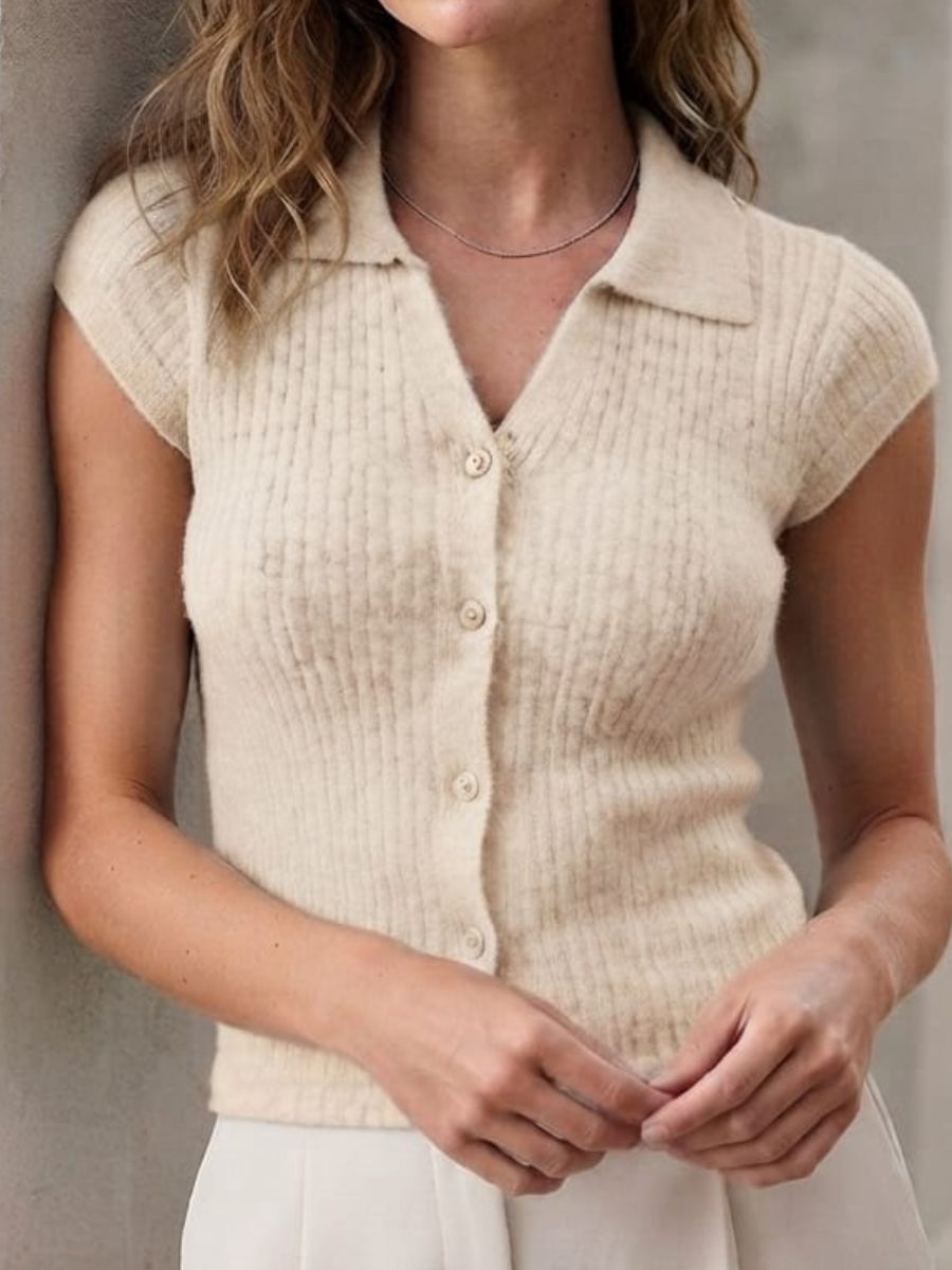 Cream Ribbed Knit Button-Up Top